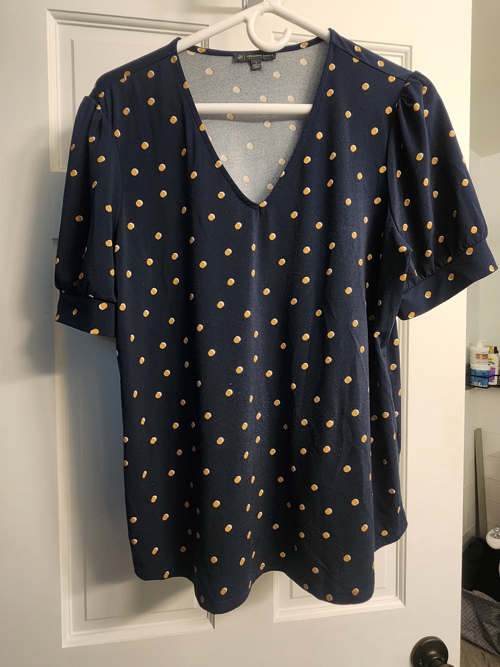 Adrianna Papell Navy V-Neck Polka Dot Blouse with Puff Sleeves